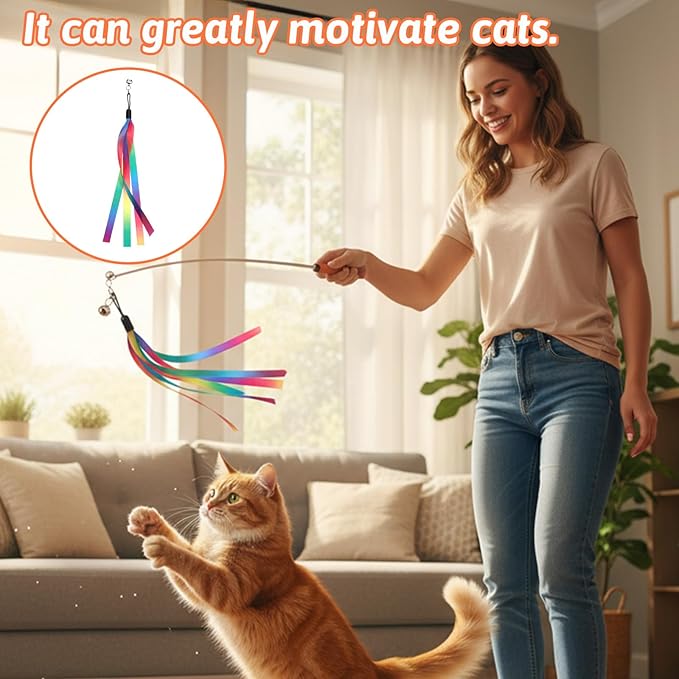 5Pcs Cat Ribbon Toy Cat Wands Replacement Toys Ribbon Attachment for Cats Toy Teaser Wand Replacement Toys with Bell for Most Cats Kittens Small Pets