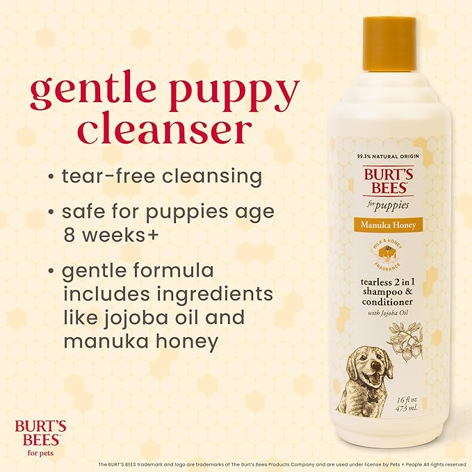 Burt's Bees for Pets Manuka Honey Tearless 2-in-1 Dog Shampoo and Conditioner, with Jojoba Oil, 95% Natural Origin, Free of Sulfates, Milk and Honey Scent, 16 Fl Oz