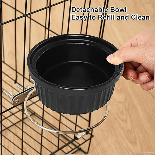 Rabbit Hanging Ceramic Bowl, Removable Cage Feeder Thick Ceramic Bowl with Stainless Steel Support Pet Water Food Bowl for Small Animal Chinchilla Ferret Guinea Pig Cat (4.92 * 1.97”) (Black-2 Pack)