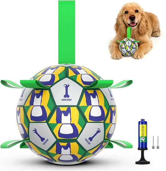 Dog Toy Balls, Dog Soccer Ball with Straps, Interactive World Cup Soccer Ball for Medium Dogs, Water Fetch Toys, Tug-of-War, Herding Ball Toys Outdoor, Dog Birthday Toy, Green (6 Inch)
