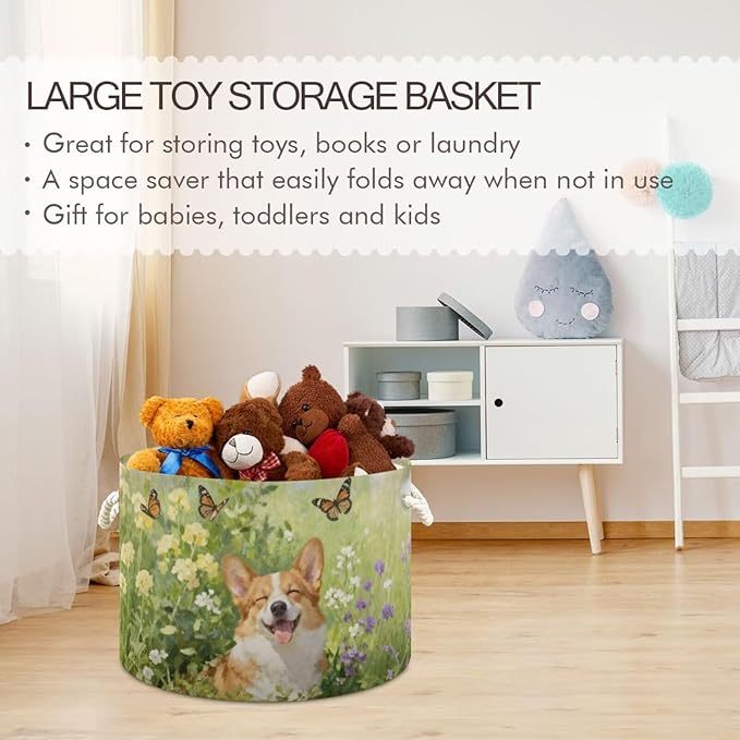 Joyful Corgi Print Round Storage Basket Dog Flower Garden Large Laundry Hamper 20 x 20 x 14 Inches Organizer Bin with Cotton Rope Handles Clothes Storage Bag for Nursery Bedroom Living Room Decor