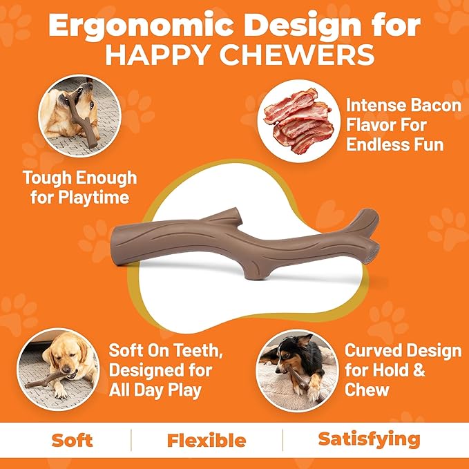 Brown Bacon Flavored Dog Toy - 100% Natural Rubber Squeaky Toy for Medium & Large Breeds - Ideal for Fetch & Tug of War & Dental Ridges for Chewing - Non-Toxic & Safety Tested