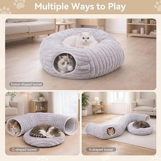 Cat Tunnel Bed, Peekaboo Hideaway Cave for Indoor Cats, Machine Washable Kitten Bed, Cat Donut, Dachshund Tunnel Bed for Small Dogs, Upgraded Striped Hare Feel Fabric (Grey)