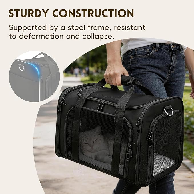 Cat Carrier Soft, Dog Carriers for Small Dogs/Large Cats (Up to 16lbs), with High Breathability, Shoulder Strap, Removable Pad, Pet Carrier Airline Approved, for Home Outdoor Travel (Black)