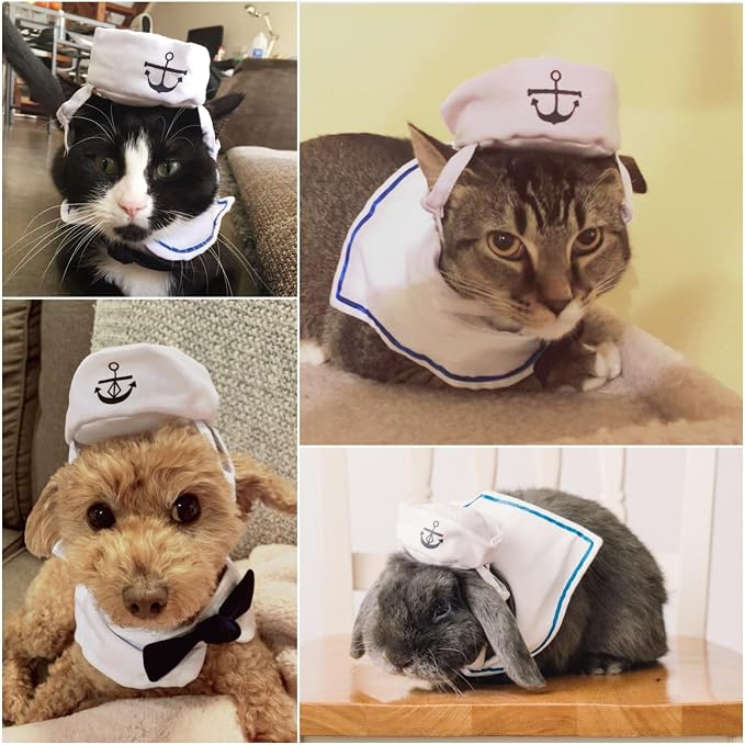 NAMSAN Pet Sailor Costume for Cats Small Dogs, Cat Halloween Costumes, Small Dog Sailor Outfit, Cat Sailors Hat with Tie Collar, Pet Navy Costume for Kitten Puppy Statue Decoration
