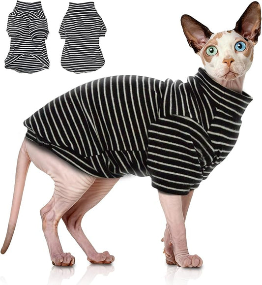 Sphynx Cat Sweater Hairless Cat Clothes Sweater Shirt Soft Warm Long Sleeves Pullover Pet Clothes Pajamas Dog Cloth for Small Dogs Jumpsuit Pet Sweaters (B&W Striped, Medium)