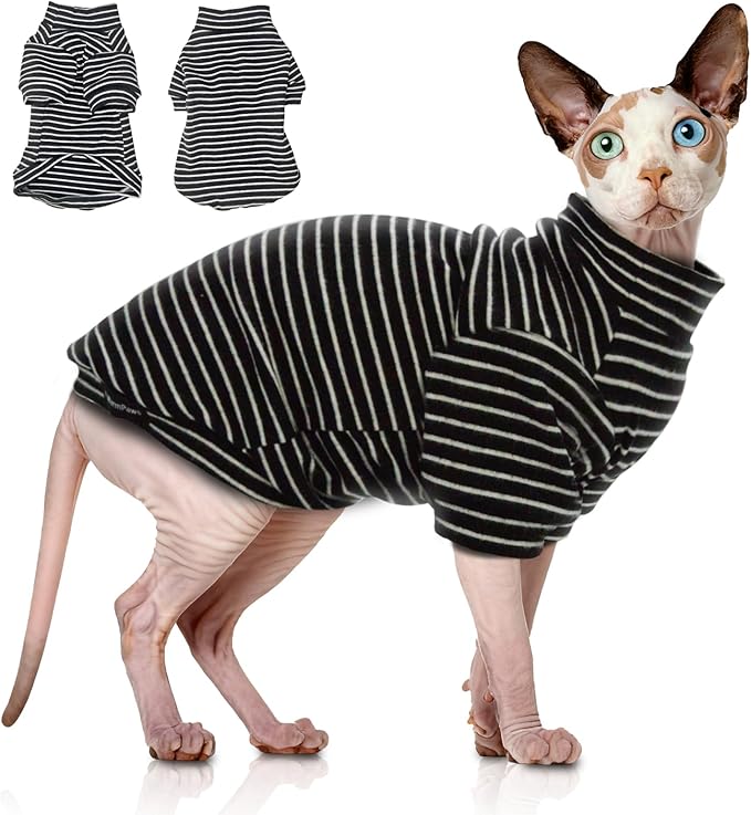 Sphynx Cat Sweater Hairless Cat Clothes Sweater Shirt Soft Warm Long Sleeves Pullover Pet Clothes Pajamas Dog Cloth for Small Dogs Jumpsuit Pet Sweaters (B&W Striped, Small)