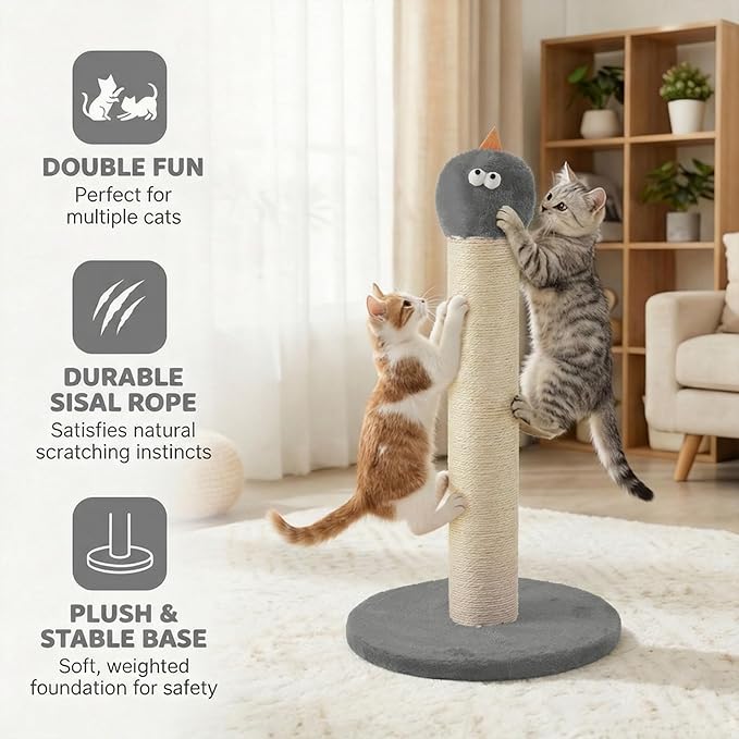 Cat Scratching Post for Small Space, 22'' Scratching Posts for Indoor Cats Adults, Extra Wide 13.4" Stable Base & Natural Sisal, Cute Cat Scratching Post with Short Plush Fabric for Large Cats, Grey