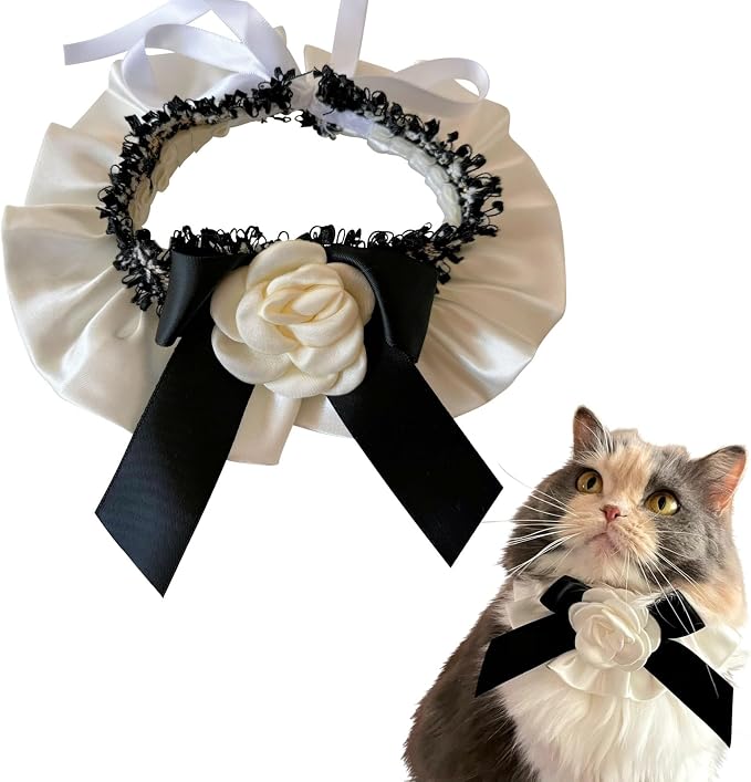 Elegant Lace Cat Collar with Cute Bow,Kitty Necklace with Bow Tie and Flower,Pet Lace Bib Collar with Cute Bow,Cat Princess Costumes,Black,1 Piece