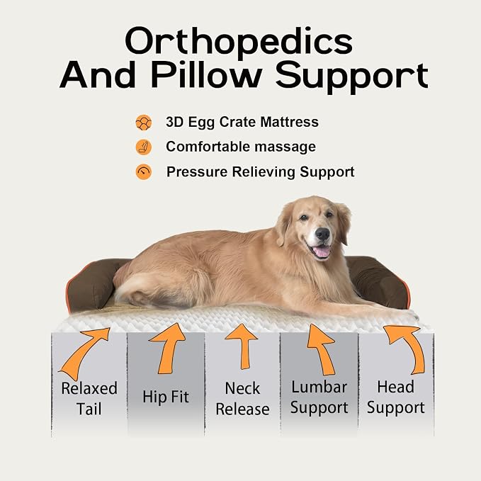 MEKIY Orthopedic Waterproof Dog Bed with Bolster for Extra Large Size Dogs | Pillow Support for Neck Relief, Egg Crate Foam, Waterproof Liner, Anti-Slip Bottom, Removable Bolster Cover, 48 x 33 Inch