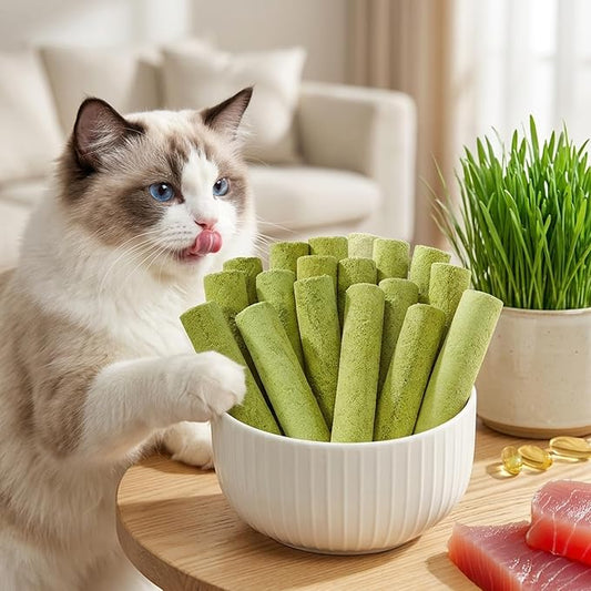 Freeze Dried Cat Grass Sticks, Hairball Relief Treats for Indoor Cats with Chicken & Fish Oil, Dental Teething Snacks for Digestion High Protein Catnip Alternative Pellets (1Pcs(12 Sticks))