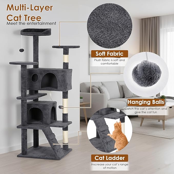 PayLessHere Cat Tree 62in Cat Tower with Cat Scratching Post,Multi-Level Cat Condo Stand House Furniture Kitty Activity Center with Furry Ball Toys Cat Tree for Indoor Cats,Dark Gray