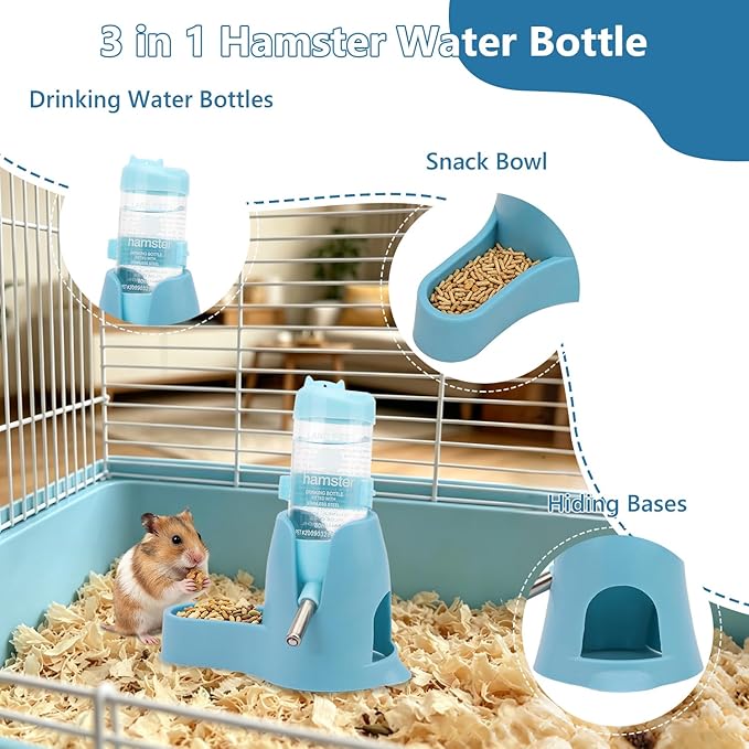 Litewoo 3 in 1 Hamster Water Bottle Small Animal Water Bottle with Food Container Base Hut Hanging Pet Automatic Feeding Drinking Dispenser for Dwarf Hamster Rats Mouse Gerbil Mice