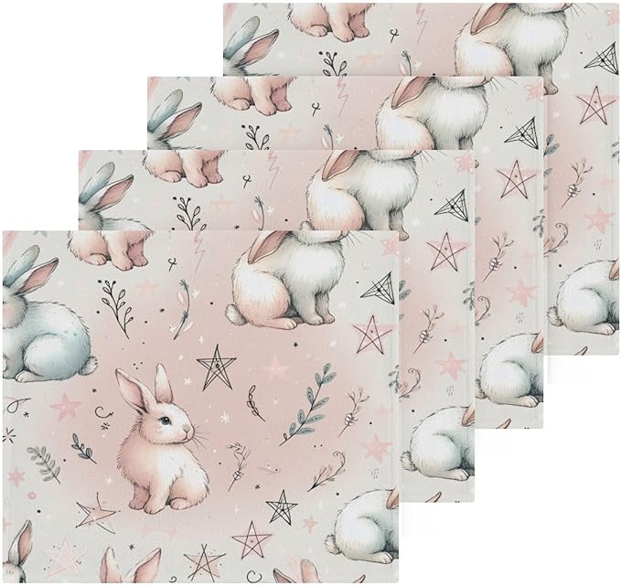 Qilmy Cute Rabbit Washcloths 4 Pack, 12x12 Inch Cotton Wash Cloths - Highly Absorbent Face Towels for Bathroom, Washing, Gym, and Spa