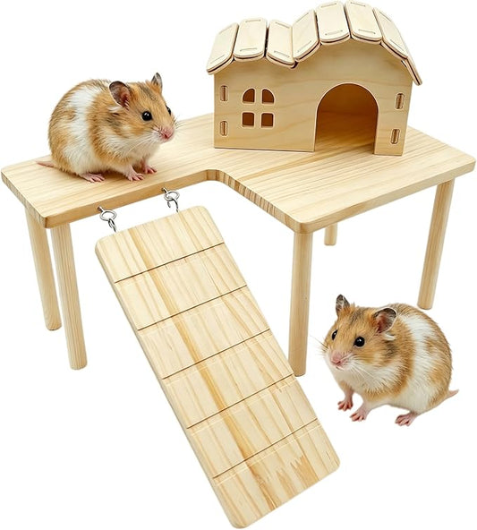 2 Pcs Wooden Hamster Platform Set, Hamster Wooden House Hideout, with Detachable Ladder Bridge, Climbing Toys, Cage Accessories, Small Animals Habitat Decor for Rat Gerbils and Other Small Pets