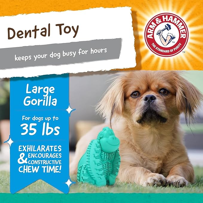 Arm and Hammer for Pets Super Treadz Gorilla Dental Chew Toy for Dogs - Reduces Plaque and Tartar Without Brushing, Baking Soda Infused, Dishwasher Safe, Dogs Up to 35 Lbs - 3 Pack