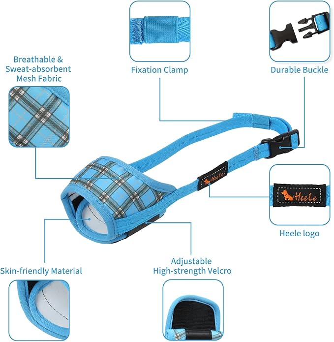HEELE Dog Muzzle,Soft Nylon Muzzle Anti Biting Barking Chewing,Air Mesh Breathable Drinkable Adjustable Loop Pets Muzzle for Small Medium Large Dogs 4 Colors 4 Sizes (P-Blue Plaid, M)