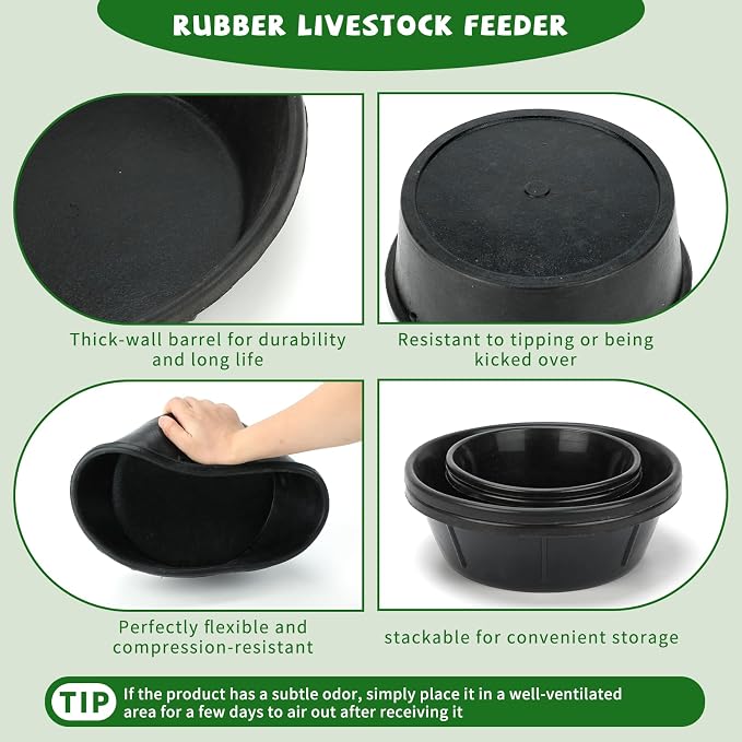 4 Pcs Rubber Feed Pan 2 Gallon and 1 Gallon Horse Feed Bucket Utility Feed Bucket Rubber Bowl Chicken Dust Bath Livestock Water Bowl for Pig Goat Chicken Dogs Farm Small Animal