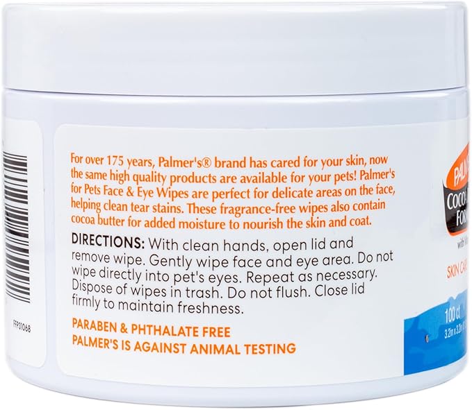 Palmer’s for Pets Face and Eye Dog Wipes with Cocoa Butter, Gentle Tear Stain and Facial Cleaning Wipes for Sensitive Areas and Daily Grooming Care, Unscented, 100 Count