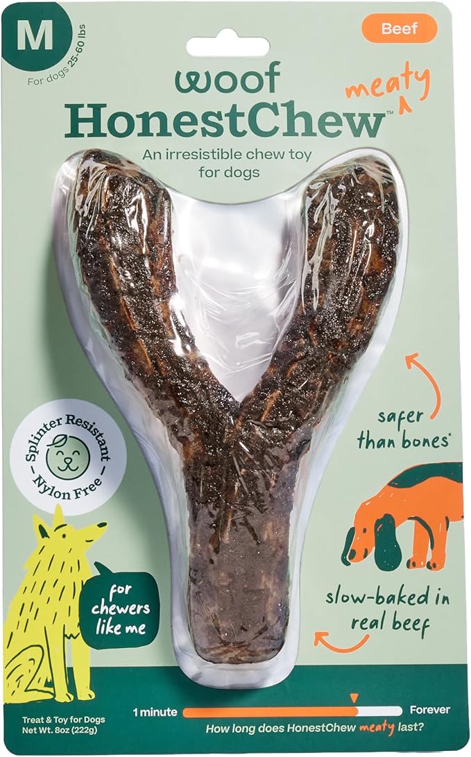 WOOF HonestChew Meaty Dog Toy Y-Gnawt - Durable Dog Chews - Made with Real Beef and Natural, Plant-Based Ingredients - Splinter-Resistant - Safer Than Dog Bones - Medium