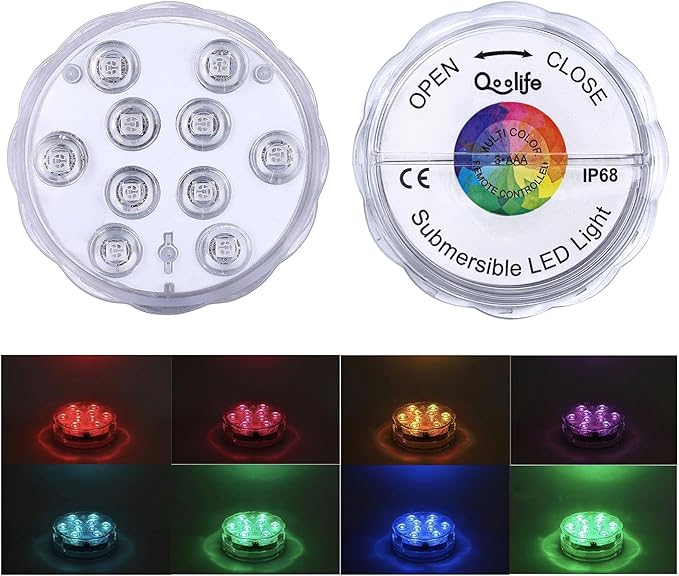 Qoolife Submersible LED Lights Remote Control Battery Powered, RGB Multi Color Changing Waterproof Light for Pool, Vase Base, Spa, Aquarium, Pond, Hot Tub, Decoration, Party, 1-Pack