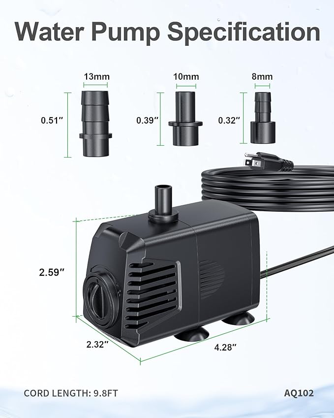 POPOSOAP 200GPH Submersible Pump(700L/H, 12W), Ultra Quiet Fountain Pump with Over Heating Protection & Filter Sponge 5.9ft High Lift for Pond, Fish Tank, Aquarium, Hydroponics, Waterfall Q102