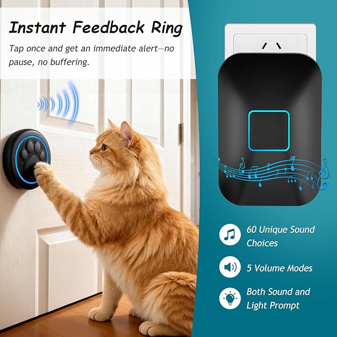 Halo Paw Smart Dog Door Bell – Touch-to-Ring BK Dog Bells to Go Outside, LED Light Wireless Dog Buttons & Dog Clicker for Communication, Waterproof Bell for Dogs to Ring to Go Potty(2 Bells & 1 Chime)