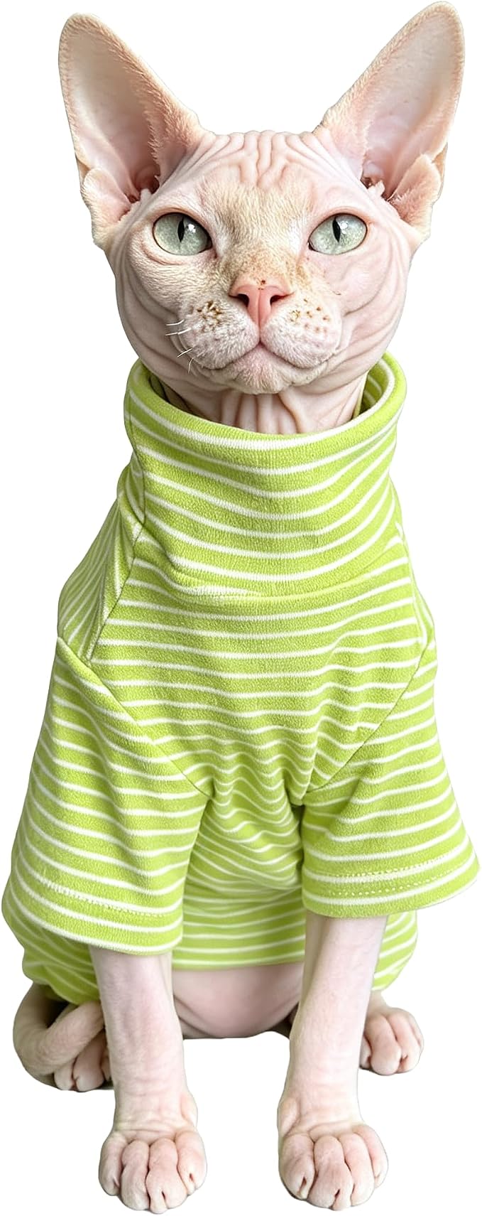 Sphynx Cat Clothes for Cats Only, Narrow Striped Sphynx Shirt Clothes T-Shirts Sweatshirt with Sleeves, Soft Kitten Sphinx Clothes Pet Apparel Devon Rex,Cornish Rex,Peterbald,Green,L