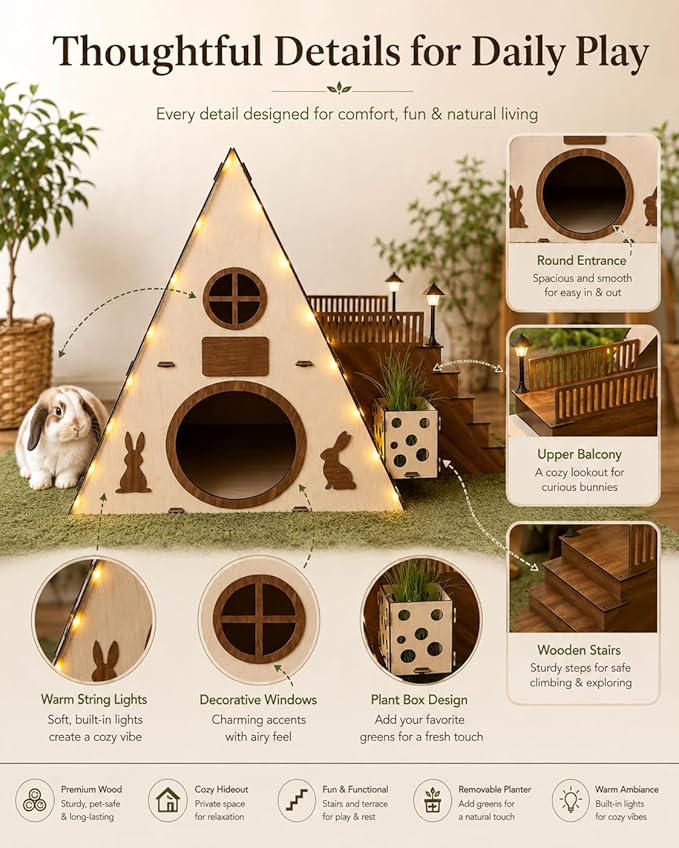 Tnstbiee Large Modern Wooden Rabbit Castle House Hutch - Bunny Hideout Indoor Habitats - Pet 2-Story Home Furniture（Excluding Street Lights）