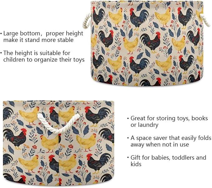 Chicken Rooster Print Round Storage Basket Hen Flower Large Laundry Hamper 20 x 20 x 14 Inches Organizer Bin with Cotton Rope Handles Clothes Storage Bag for Nursery Bedroom Living Room Decor