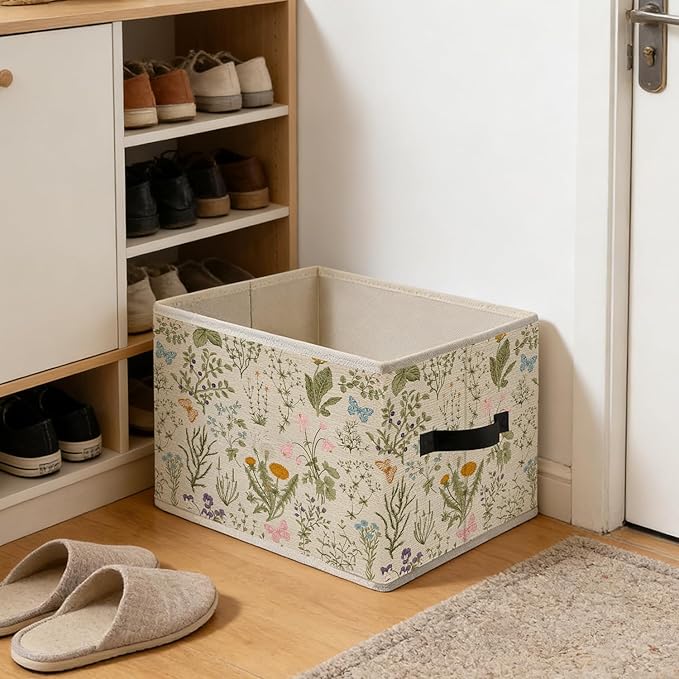 Rustic Vintage Butterfly Floral Storage Bins, Cottagecore Botanical Wildflower Foldable Closet Organizers Storage Basket Toybox for Clothes Bed Sheets Blankets Toys