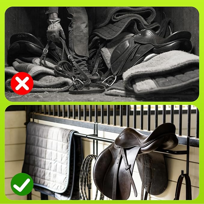 2Pcs Heavy Duty Horse Blanket Rack with Bridle Hooks, No-Drill Wall Mounted Assembled Blanket Bar, Saddle Pad Rack for Horse Tack Storage, Black