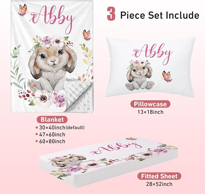 Personalized Crib Bedding Set for Baby Boy Girl, Custom Name Rabbit Design 3 Piece Baby Bedding Set, Including Plush Blanket, Fitted Sheet and Pillowcase for Newborn Nursery Gift