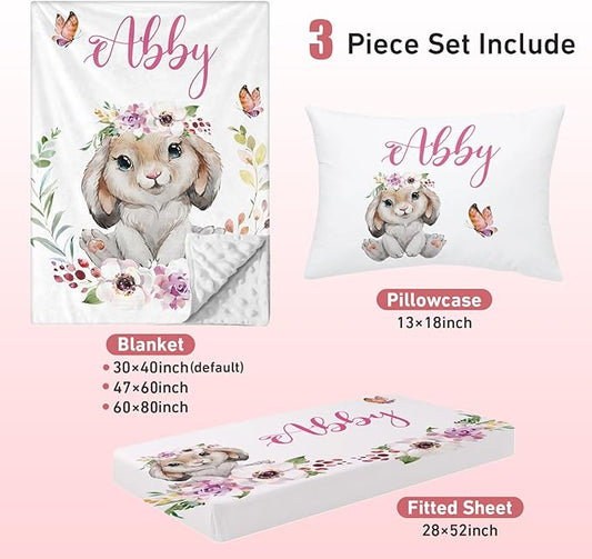 Personalized Crib Bedding Set for Baby Boy Girl, Custom Name Rabbit Design 3 Piece Baby Bedding Set, Including Plush Blanket, Fitted Sheet and Pillowcase for Newborn Nursery Gift