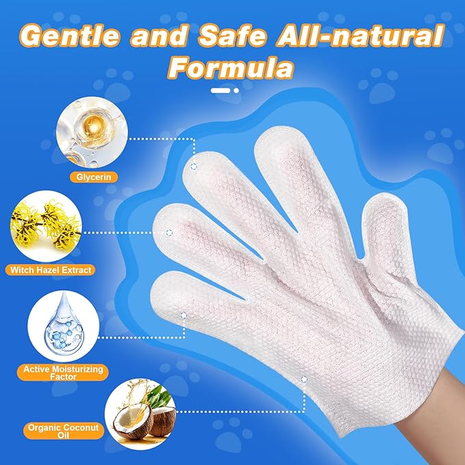 Pet Glove Wipes for Dogs and Cats, Deodorizing Cleaning Gloves, Hypoallergenic Coconut Oil Grooming Wipes, Individually Wrapped, for Pet Dry Cleaning, Daily Care and Travel, 9 Pcs