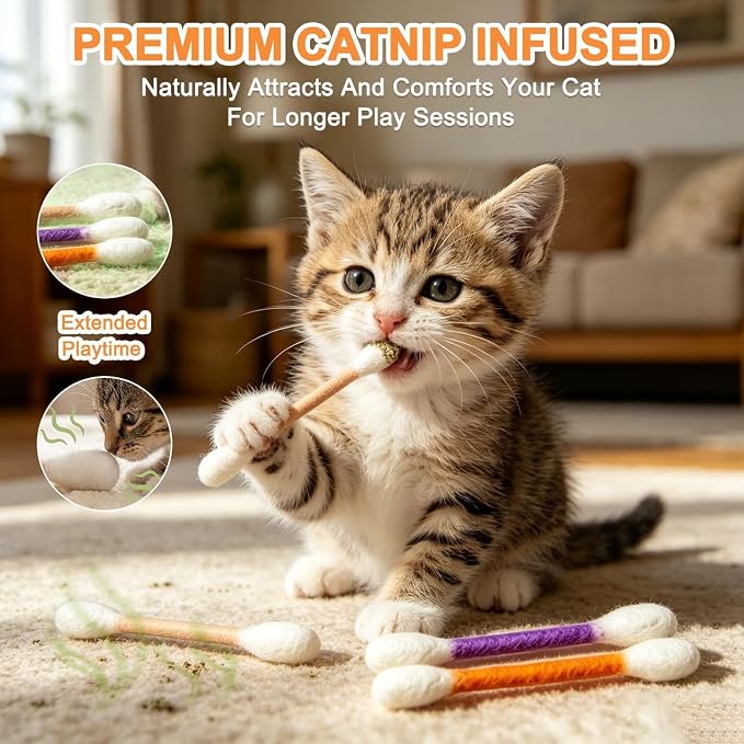 LEDeng Cotton Swabs Cat with Catnip, Swabs Catnip Toys Set of 6 Soft Plush Kicker Toys, Sturdy Teething Chew Toy (A)