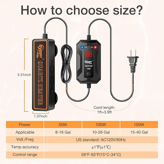 hygger Smart Mini Aquarium Heater 150W for 15-40 Gallons, Desktop Betta Submersible Fish Tank Heater with Intelligent Temperature Control and 5 Safety Protections
