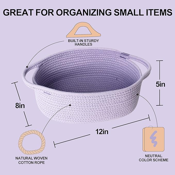 Small Woven Gift Basket, Baskets for Gifts Empty, Cotton Rope Cat Dog Toy Bin Box, Nursery Baby Basket, Wicker Basket with Handles, Shelf Storage Basket for Home Decor, Purple, 12"x 8"x 5"