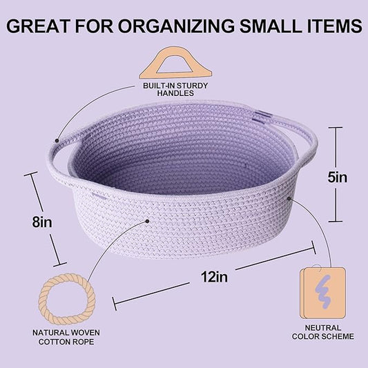 Small Woven Gift Basket, Baskets for Gifts Empty, Cotton Rope Cat Dog Toy Bin Box, Nursery Baby Basket, Wicker Basket with Handles, Shelf Storage Basket for Home Decor, Purple, 12"x 8"x 5"