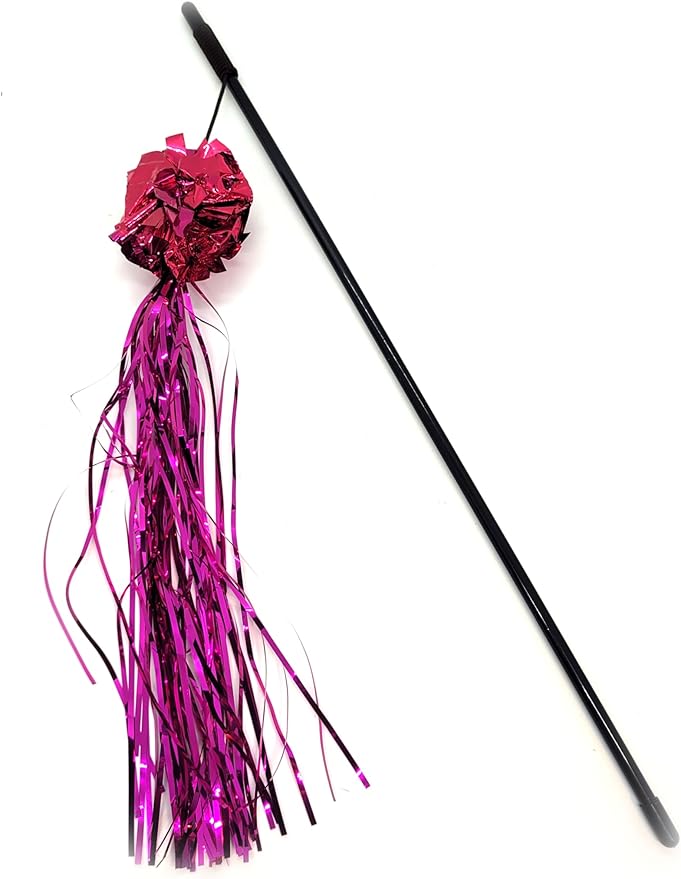 Kats'N Us 10 Inch Mylar Crinkle Ball with Tinsel Teaser Wand Cat Toy - Pink Hunting Instinct Play, Interactive Exercise Attachment for Indoor Cats