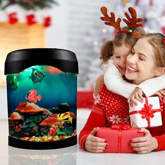 Toycol Fake Fish Lamp, Nightly Lifelike Desk Electric Mood Light, LED Light Tank with 6 Color Changing and 5 Fake Fish Mini Aquarium for Home Office Deco Adults, Gifts for Kids and Adults