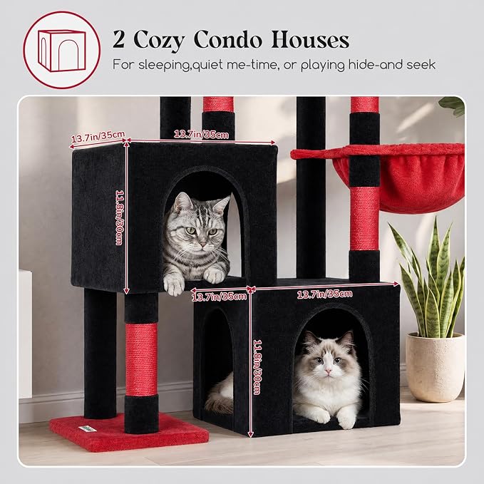 Globlazer Gothic Cat Tree Tower with 2 Spacious Condos for Multiple Indoor Cats, 52in Multi-Level Goth Cat Condo Tower with 5 Scratching Posts, Padded Perch, Big Basket, Widened Base, S52, Black Red