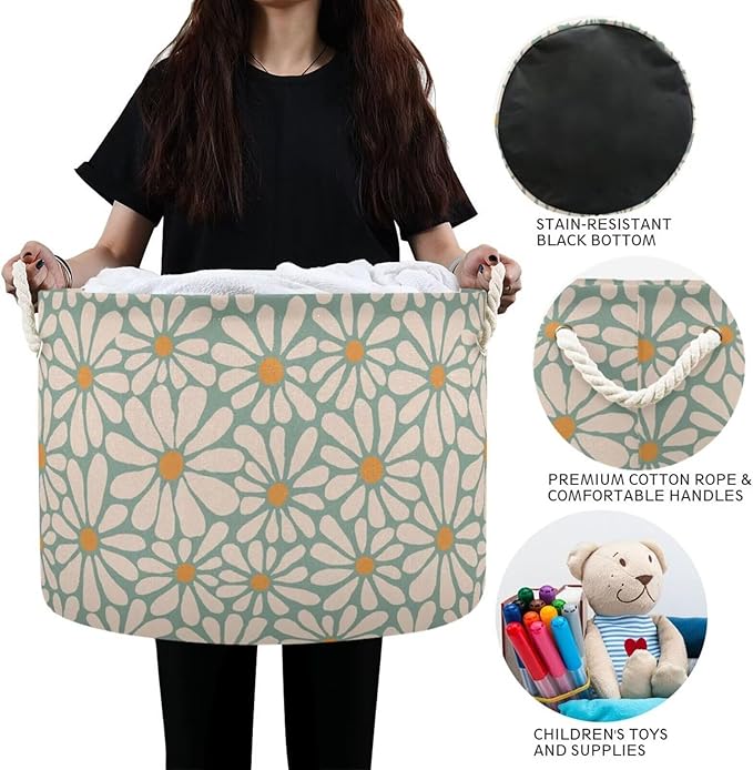 Daisy Flower Print Round Storage Basket Retro Groovy Floral Large Laundry Hamper Boho 20 x 20 x 14 Inches Organizer Bin with Handles Clothes Storage Bag for Nursery Bedroom Living Room Decor