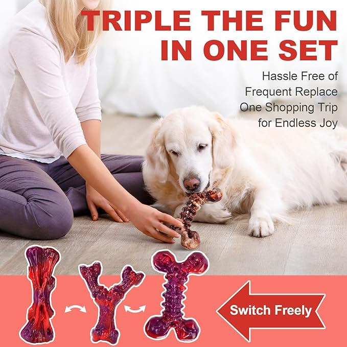 Kseroo Indestructible Dog Toys for Aggressive Chewers: 3-Pack Beef Flavored Hard Nylon Dog Chew Toys for Medium & Large Dogs(25-90lbs), Tough Super Chewer Dog Bones Toys to Keep Them Busy, Red