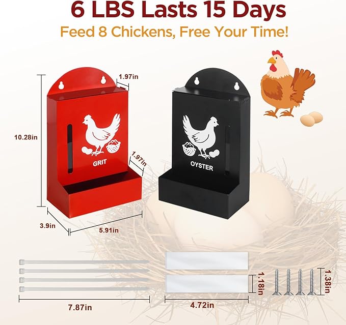 2 Pack Chicken Grit and Oyster Shell Feeder, Metal Oyster Shell Feeder with Visual Window and Lid, Hanging Gravity Chicken Grit Feeder, Chicken Coop Accessories for Healthier Hens and Eggs