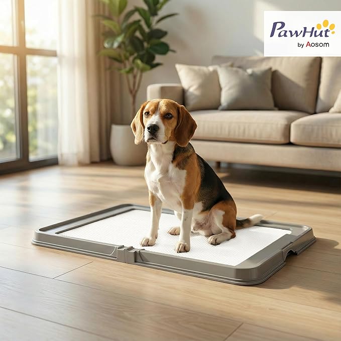PawHut Pee Pad Holder 34" x 24.5", Foldable Indoor Potty Tray for Dogs, Large Training Pad Holder, Includes 3 Pee Pads, Anti-Slip & Easy to Clean