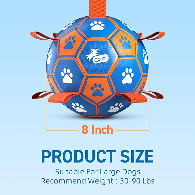 QDAN Dog Ropes Toys Soccer Ball with Straps, Puppy Birthday Gifts, Tug Toy, Durable Dog Balls for Medium & Large Dogs- Blue Orange(8 Inch)