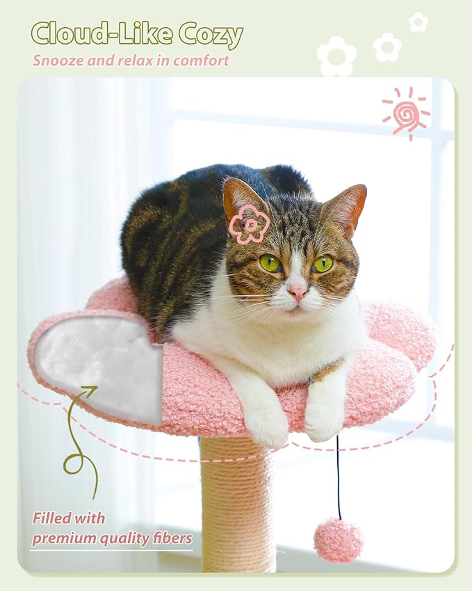 MUTTROS Flower Cat Tree with Large Metal Frame Hammock, 35" Cute Cat Tower with Sisal Scratching Posts for Small Indoor Cats, Cat Condo with Pink Top Perch for Kittens, Pink
