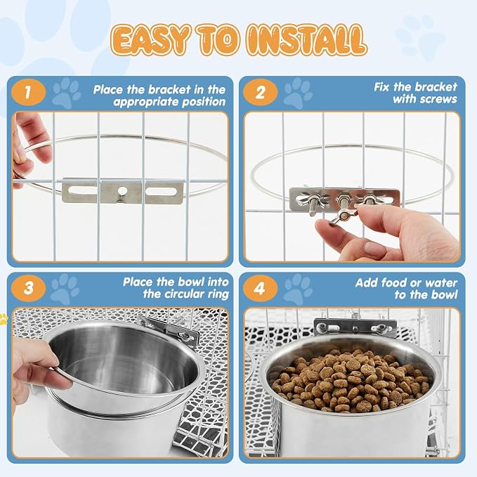 LemonRoad 6 Pcs Dog Crate Water Bowl No Spill 40oz & 60oz Stainless Steel Large Hanging Water Food Dog Kennel Bowls Bulk for Crates Attachable Metal Feeder Dish for Medium Large Dogs Breed Pets