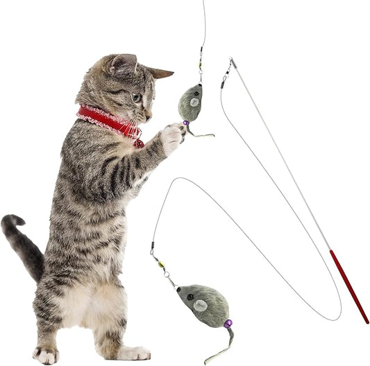 Kats’N US 2 Inch Real Rabbit Fur Handmade Mouse Cat Toy with 19 Inch White Wand - Gray Teaser with Bell, Durable Fiberglass Wand & Line, Hunting Instinct Interactive Exercise Attachment Set for Cats